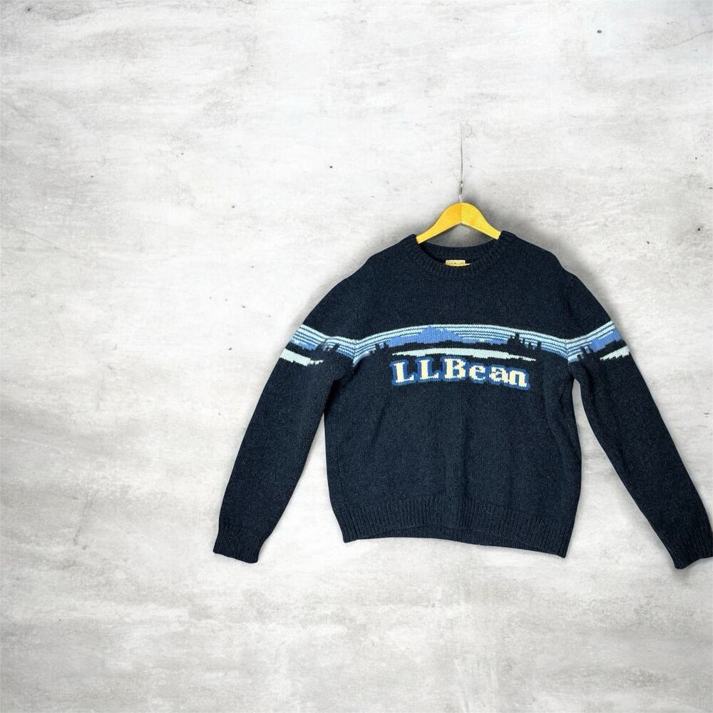L. Bean Wool Sweater XL Nordic Logo Crewneck Made in Jordan Blue Winter Outdoors
